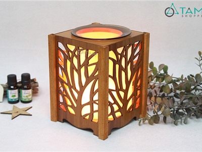 Đèn xông tinh dầu gỗ họa tiết rừng cây [Tặng bóng đèn] DXTDD-M0288